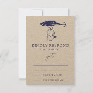 Kraft Brown Rustic Fishing Lure Rings Navy Blue RSVP Karte