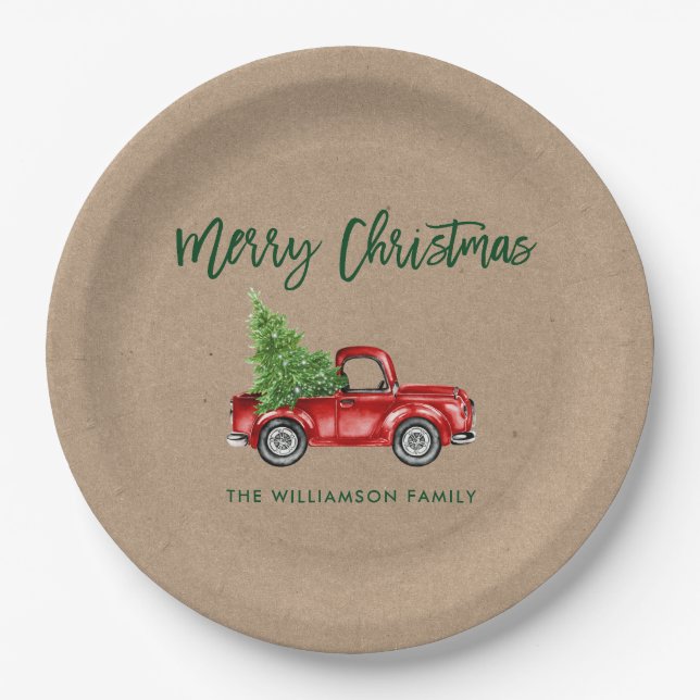 Kraft Brush Script Vintag Red Truck Weihnachten Pappteller (Vorderseite)