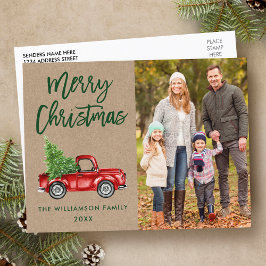 Kraft Brush Script Vintag Truck Foto Weihnachten Postkarte