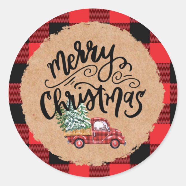 Kraft Buffalo Plaid Script Christmas Holiday Truck Runder Aufkleber (Vorderseite)