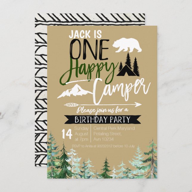 Kraft Camper 1. Geburtstag Camping Party Einladung (Vorne/Hinten)