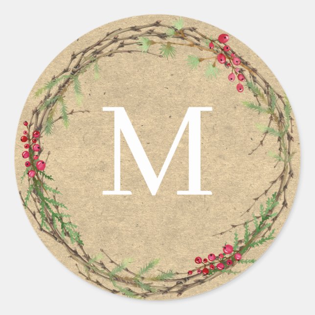 Kraft Christmas Wreath Monogram Seal Runder Aufkleber (Vorderseite)