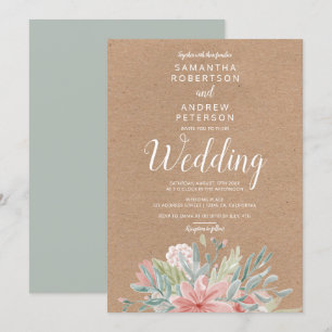 Kraft Dusty rosa grüne, blumenfarbene Hochzeit Einladung