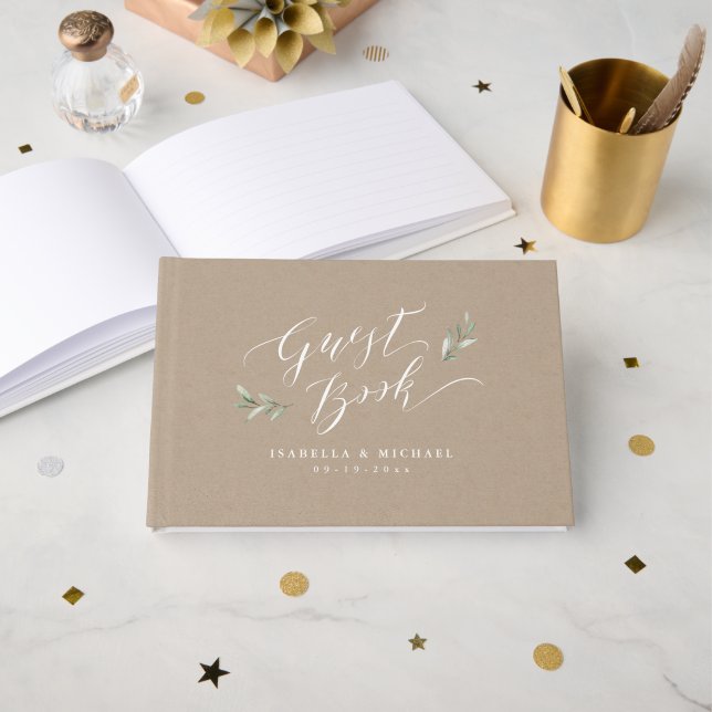 Kraft Einfache kalligraphische Hochzeit rustikaler Gästebuch (Vorderseite Offen)