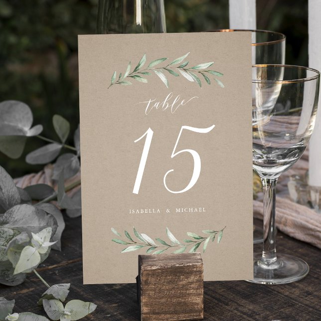 Kraft einfache kalligraphische Hochzeit rustikaler Tischnummer (Kraft simple calligraphy rustic greenery wedding table number)