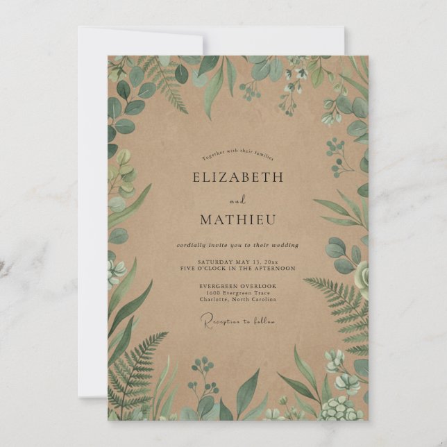Kraft-Eukalyptus-Farn-Hochzeit Einladung (Vorderseite)