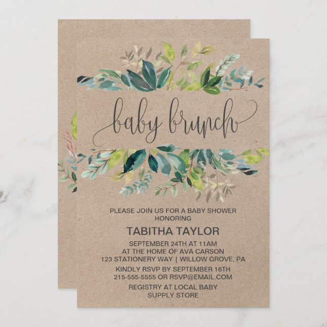 Kraft Foliage Baby Brunch Einladung (Vorne/Hinten)