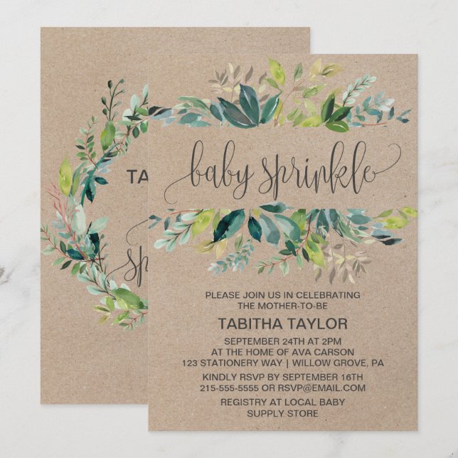 Kraft Foliage Baby Sprinkle Einladung (Vorne/Hinten)