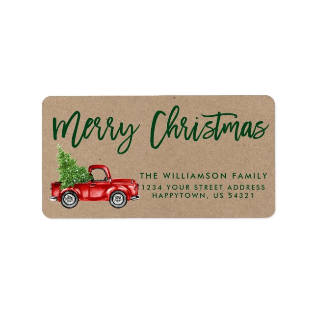 Kraft Green Brush Script Vintag LKW Weihnachten Adressaufkleber (Vorne)