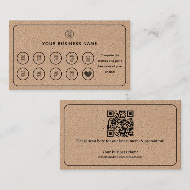 Kraft Hintergrund Coffee Cup QR Code hinzufügen Ih Treuekarte (Vorne/Hinten)