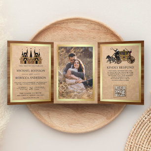 Kraft Holz Märchenschloss Foto QR Code Hochzeit Dreifach Gefaltete Einladung