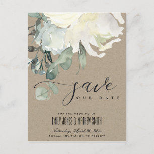 KRAFT IVORY WEISSE BLUMENBUNKT SAVE THE DATE ANKÜNDIGUNGSPOSTKARTE