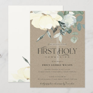 KRAFT IVORY WHITE AQUA FLORAL ERSTER HOLY COMMUNIO EINLADUNG