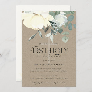 KRAFT IVORY WHITE AQUA FLORAL ERSTER HOLY COMMUNIO EINLADUNG