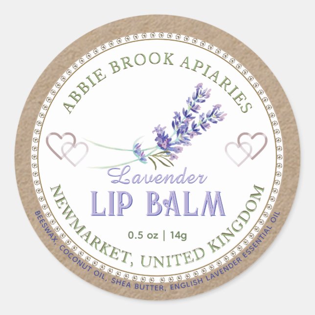 Kraft Lavender Lip Balm Label mit Herz Runder Aufkleber (Vorderseite)