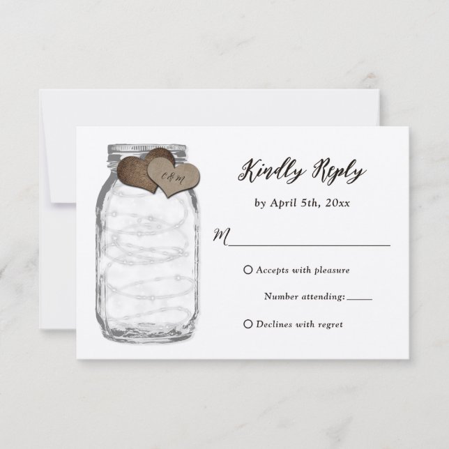 Kraft Mason Jar Hearts Lights Wedding RSVP Card (Vorderseite)