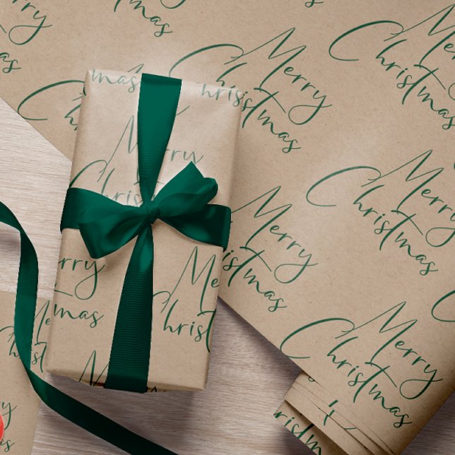 Kraft Merry Christmas Green Script Geschenkpapier (Von Creator hochgeladen)