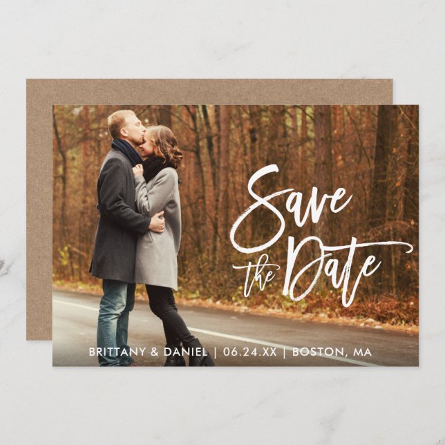 Kraft Modern Brush Script Foto Save the Date Karte (Vorne/Hinten)