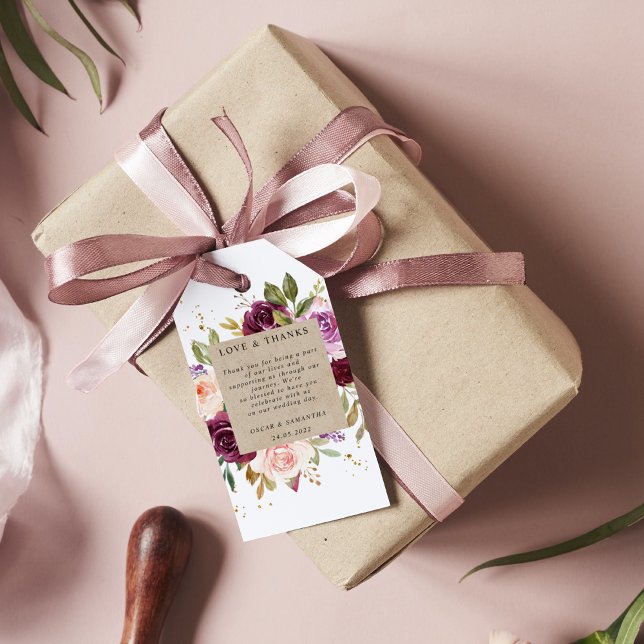 Kraft Moody & Rustic Burgundy Floral Frame & Gold Geschenkanhänger (Von Creator hochgeladen)