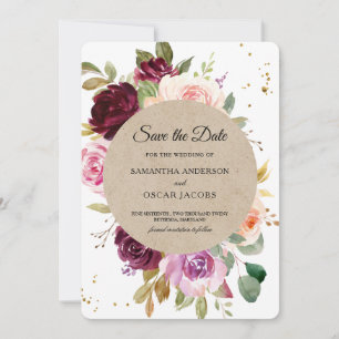 Kraft Moody & Rustic Burgundy Floral Frame & Gold Save The Date