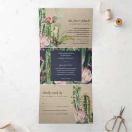 KRAFT NAVY FLORAL CACTI FOLIAGE WATERCOLOR WEDD DREIFACH GEFALTETE EINLADUNG