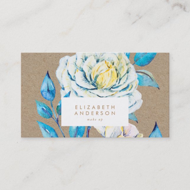 Kraft Oil Painted White Rose Blue Business Card Visitenkarte (Vorderseite)