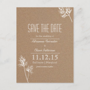 Kraft Paper Brown and White Blätter Save the Date Ankündigungspostkarte