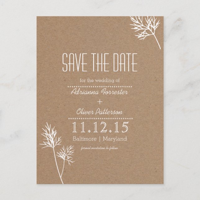 Kraft Paper Brown and White Blätter Save the Date Ankündigungspostkarte (Vorderseite)