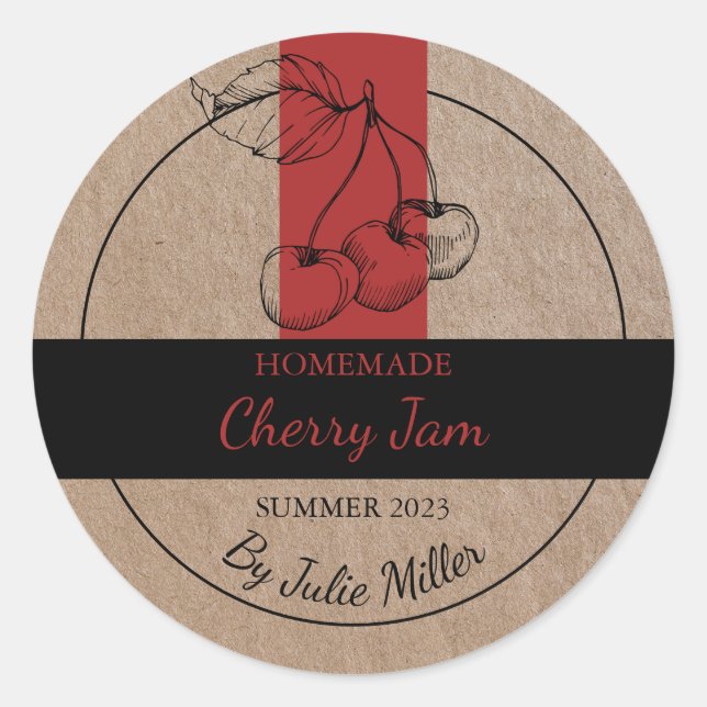 Kraft Paper Homemade Cherry Jam Label Runder Aufkleber (Vorderseite)