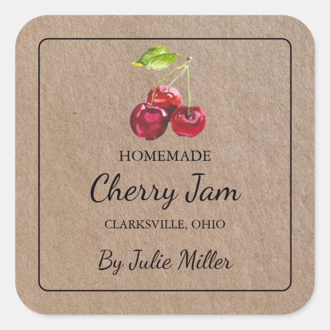 Kraft Paper Homemade Cherry Jam Square Label Quadratischer Aufkleber (Vorderseite)
