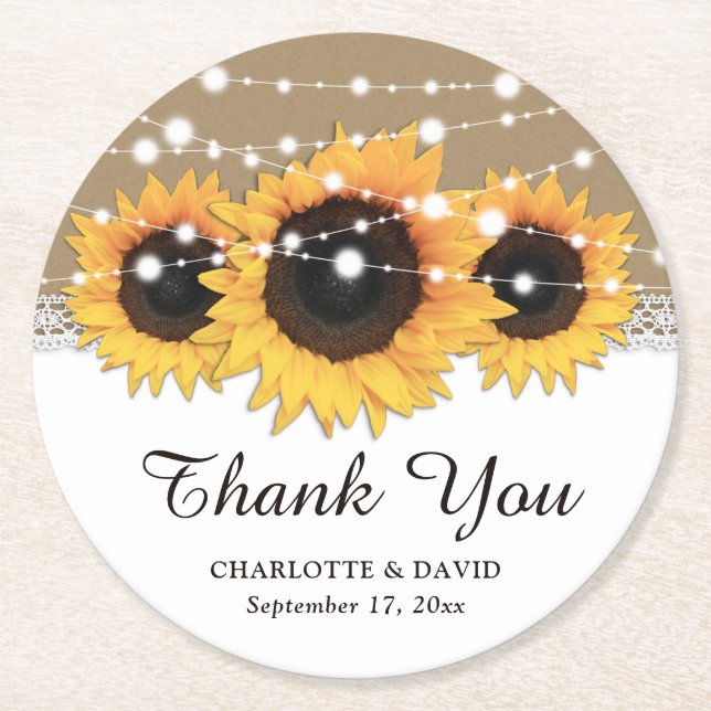 Kraft Paper Lace String Lights Sonnenblume Hochzei Runder Pappuntersetzer (Vorderseite)