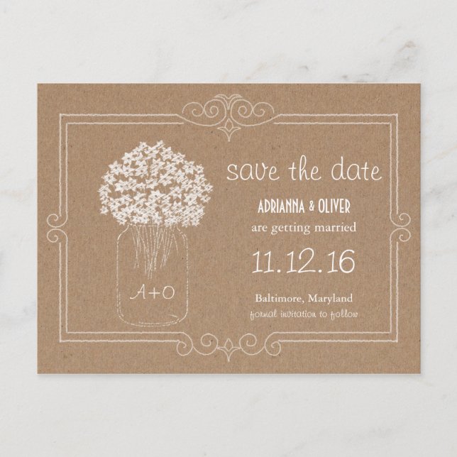 Kraft Paper Mason Jar Blume Save the Date Ankündigungspostkarte (Vorderseite)