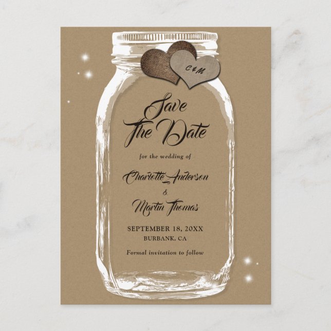 Kraft Paper Mason Jar Wedding speichern das Datum Ankündigungspostkarte (Vorderseite)