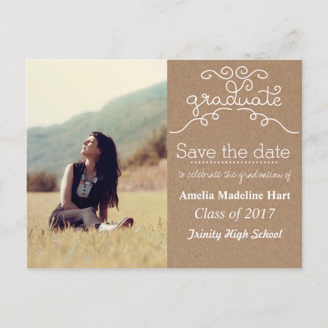 Kraft Paper Script Graduate | Save the Date Foto Ankündigungspostkarte (Vorderseite)
