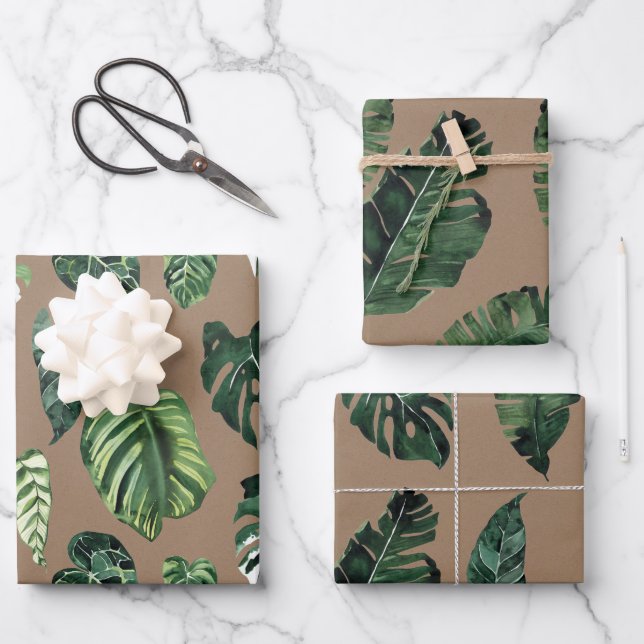 Kraft Paper Watercolor Tropical Palm Leaf Greeneri Geschenkpapier Set (Vorderseite)