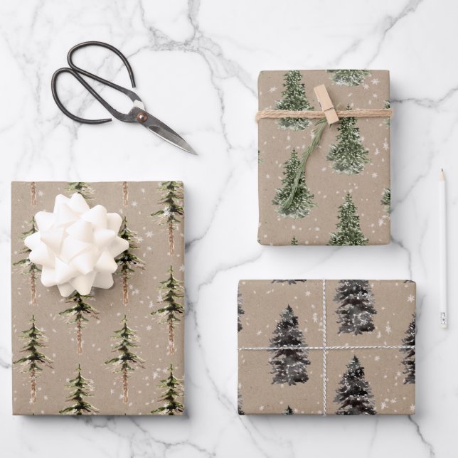 Kraft Paper Winter Woodland SpruceBäume schneit Geschenkpapier Set (Vorderseite)