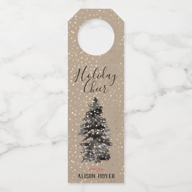 Kraft Paper Woodland Tree Gold Snow Elegant Flaschenanhänger (Vorderseite)