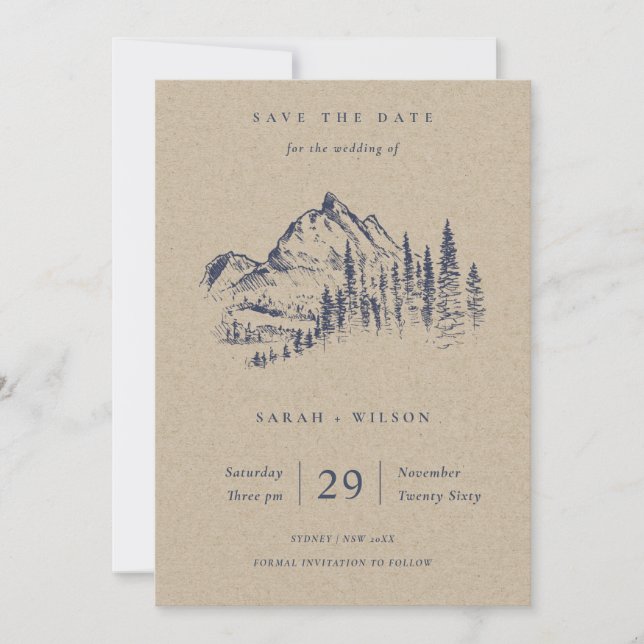 Kraft Pine Mountain Sketch Save the Date Karte (Vorderseite)