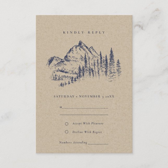 Kraft Pine Woods Mountain Sketch Wedding RSVP Begleitkarte (Vorderseite)