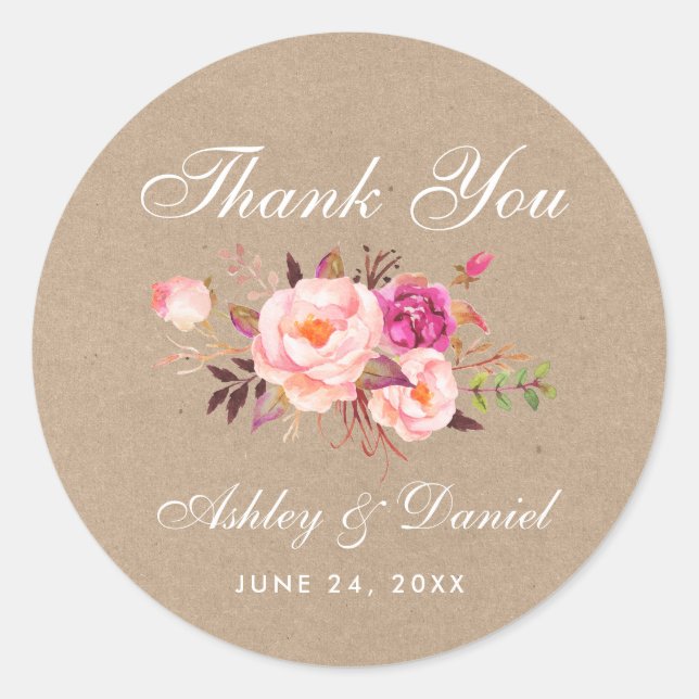 Kraft Pink Blush Floral Wedding Vielen Dank Runder Aufkleber (Vorderseite)