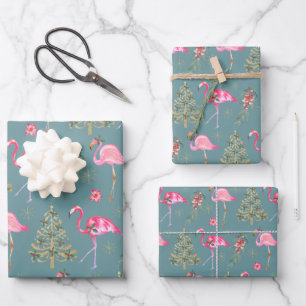 Kraft Pink Flamingos Mingling an einem Weihnachtsf Geschenkpapier Set