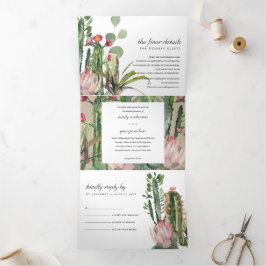 KRAFT PINK FLORAL CACTI FOLIAGE WATERCOLOR WEDD DREIFACH GEFALTETE EINLADUNG