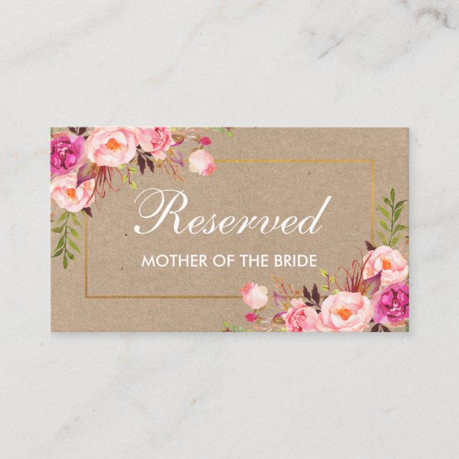 Kraft Pink Floral Gold Hochzeitsreservierung Name Platzkarte (Vorderseite)
