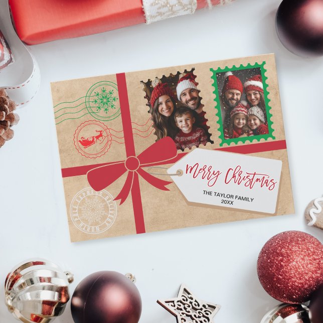 Kraft Red Green Gift Bow Foto Frohe Weihnachten (christmas card designed to look like a gift with a ribbon and bow)