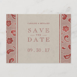 Kraft red Lace rustikale Hochzeit speichern Sie da Ankündigungspostkarte
