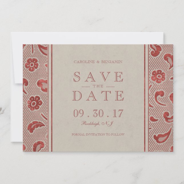 Kraft red Lace rustikale Hochzeit speichern Sie da Save The Date (Vorderseite)