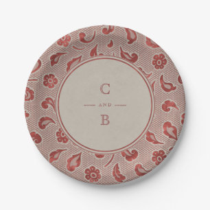 Kraft red Lace rustikales Country Hochzeitmonogram Pappteller