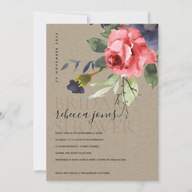 KRAFT ROTE ROSEN EUCALYPTUS FLORAL BRAUTPARTY ANKÜNDIGUNG (Vorderseite)