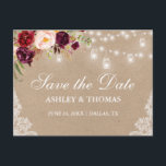 Kraft Rustikale Lichter Jars Lace Floral Save the  Ankündigungspostkarte<br><div class="desc">Kraft Rustic String Lights Mason Jars Lace Watercolor Burgundy Floral Save the Date Postcard - Printing Back</div>