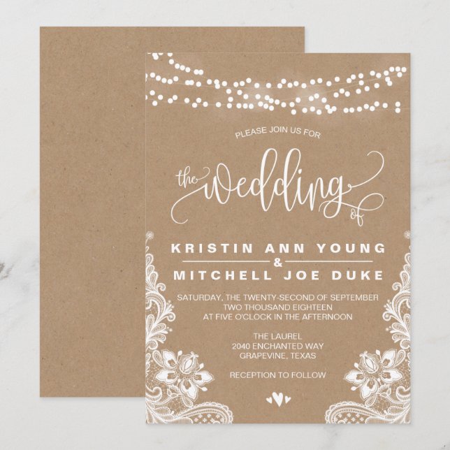 Kraft-Spitzen und Lichter Rustikale Hochzeit Einla Einladung (Vorne/Hinten)